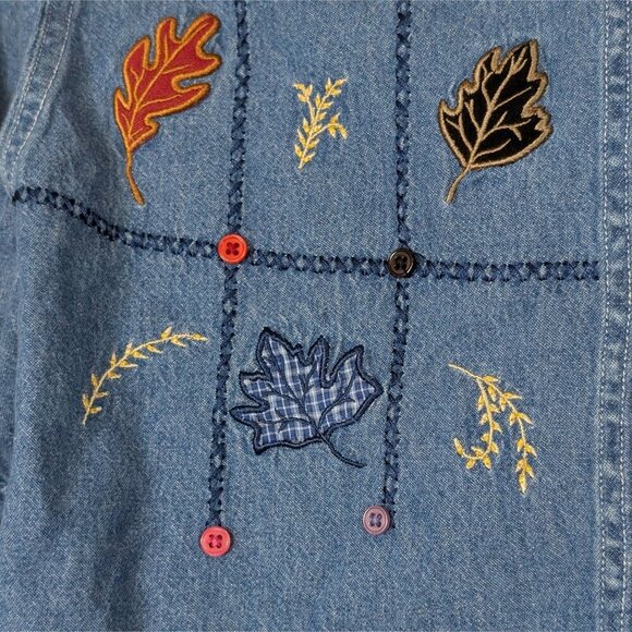 VTG 90s Cabin Creek Women's PXL Denim Button up Leaves Leaf Embroidery Buttons - Picture 3 of 7